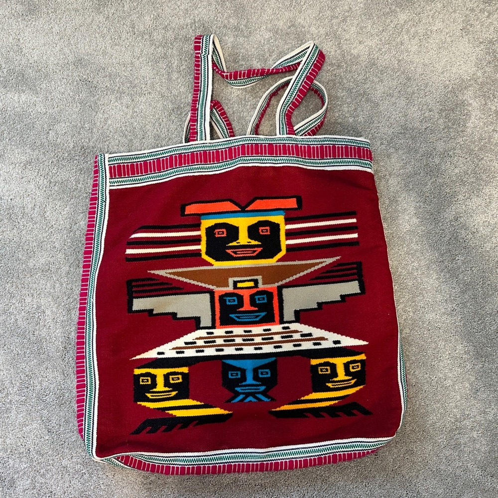 Vintage handwoven Andean-style textile tote 22x24"